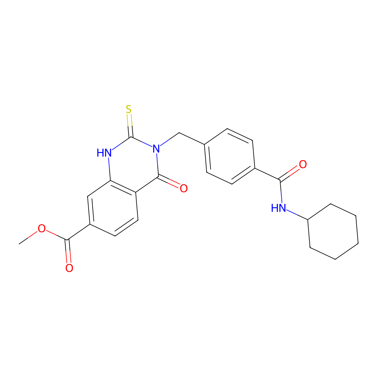Methyl 3-{[4-(cyclohexylcarbamoyl)phenyl]methyl}-4-oxo-2-sulfanylidene-1,2,3,4-tetrahydroquinazoline-7-carboxylate molecular structure, CAS 1021260-96-7