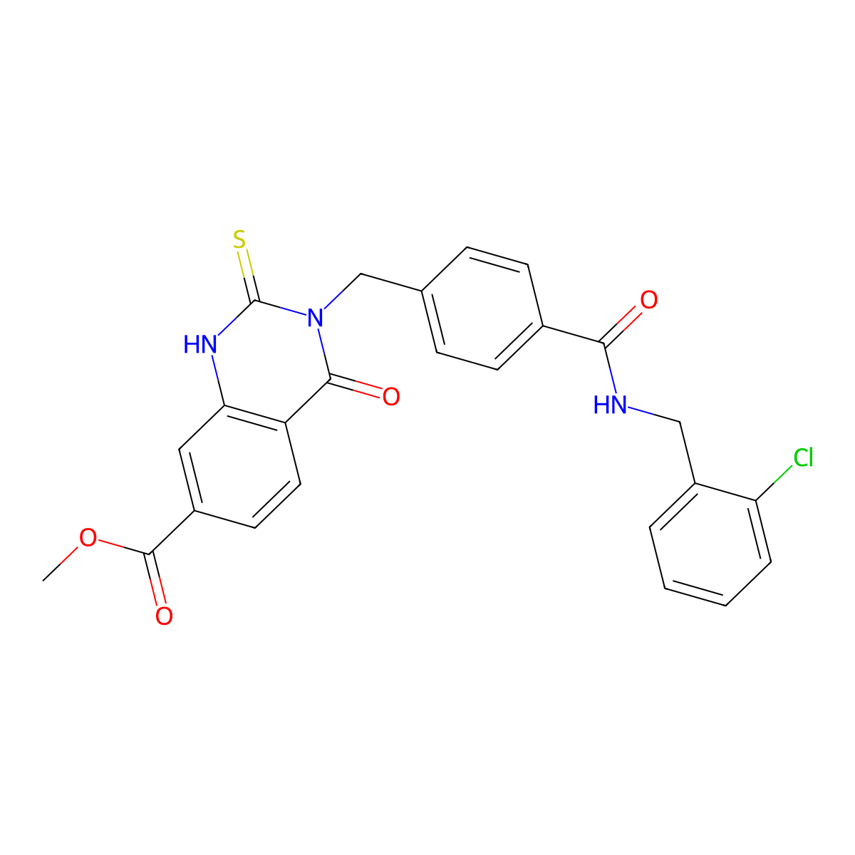 Methyl 3-[(4-{[(2-chlorophenyl)methyl]carbamoyl}phenyl)methyl]-4-oxo-2-sulfanylidene-1,2,3,4-tetrahydroquinazoline-7-carboxylate molecular structure, CAS 1021260-98-9