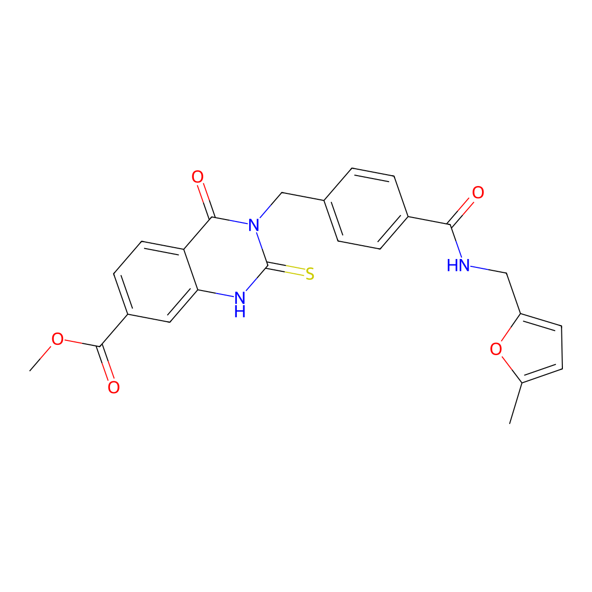 Methyl 3-[(4-{[(5-methylfuran-2-yl)methyl]carbamoyl}phenyl)methyl]-4-oxo-2-sulfanylidene-1,2,3,4-tetrahydroquinazoline-7-carboxylate molecular structure, CAS 1021261-01-7