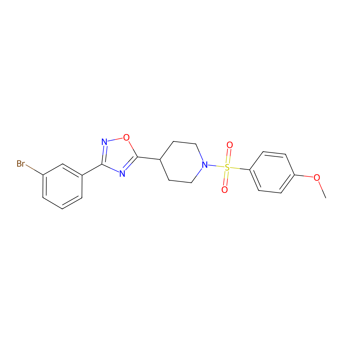 3-(3-Bromophenyl)-5-(1-((4-methoxyphenyl)sulfonyl)piperidin-4-yl)-1,2,4-oxadiazole molecular structure, CAS 1021261-20-0