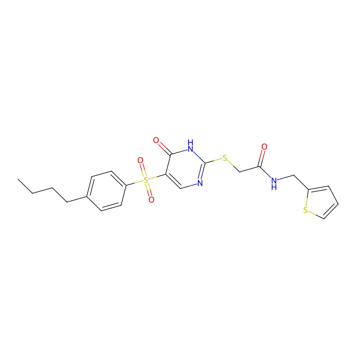 2-{[5-(4-butylbenzenesulfonyl)-6-oxo-1,6-dihydropyrimidin-2-yl]sulfanyl}-N-[(thiophen-2-yl)methyl]acetamide molecular structure, CAS 1021261-26-6