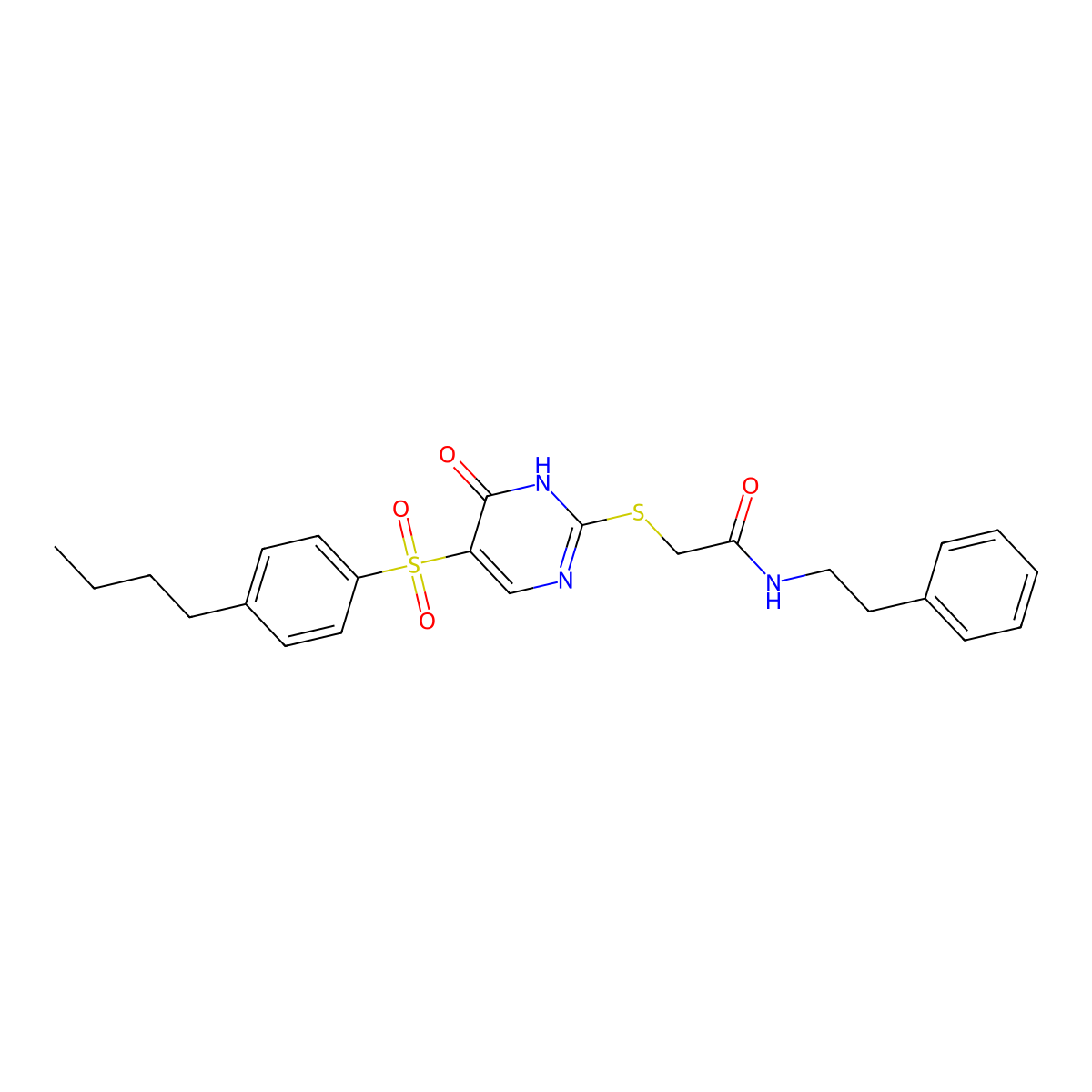 2-{[5-(4-butylbenzenesulfonyl)-6-oxo-1,6-dihydropyrimidin-2-yl]sulfanyl}-N-(2-phenylethyl)acetamide molecular structure, CAS 1021261-28-8