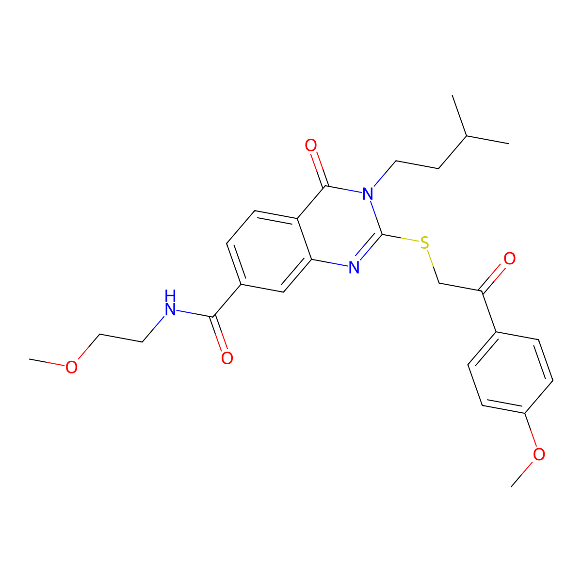 N-(2-methoxyethyl)-2-{[2-(4-methoxyphenyl)-2-oxoethyl]sulfanyl}-3-(3-methylbutyl)-4-oxo-3,4-dihydroquinazoline-7-carboxamide molecular structure, CAS 1021261-65-3