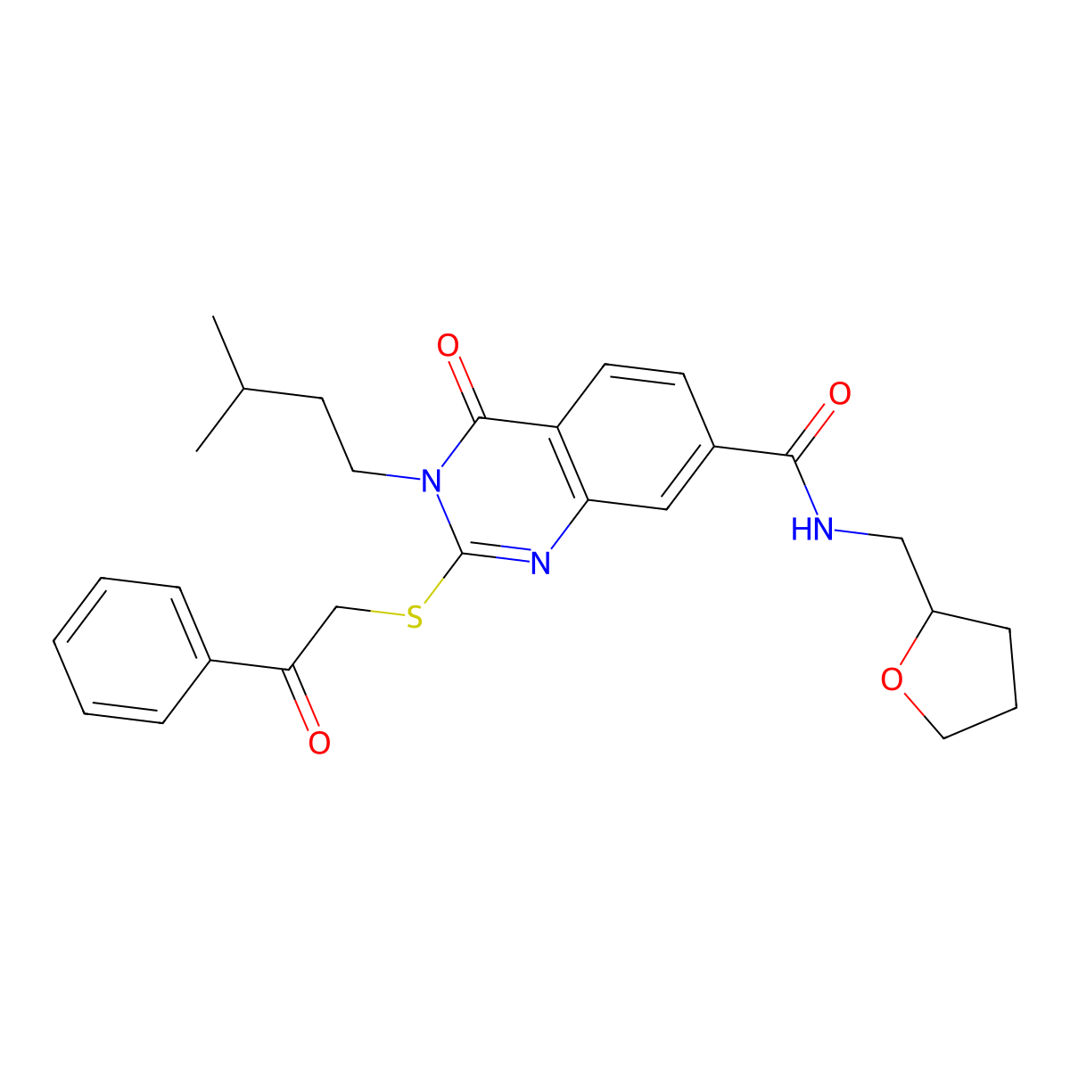 3-(3-methylbutyl)-4-oxo-2-[(2-oxo-2-phenylethyl)sulfanyl]-N-[(oxolan-2-yl)methyl]-3,4-dihydroquinazoline-7-carboxamide molecular structure, CAS 1021261-68-6