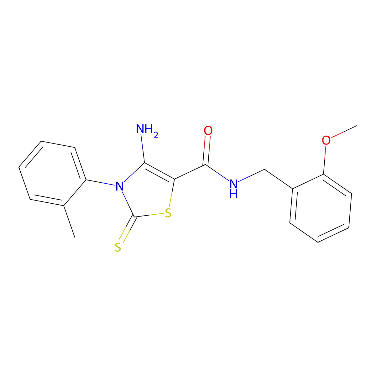 4-amino-N-[(2-methoxyphenyl)methyl]-3-(2-methylphenyl)-2-sulfanylidene-2,3-dihydro-1,3-thiazole-5-carboxamide molecular structure, CAS 1021261-81-3