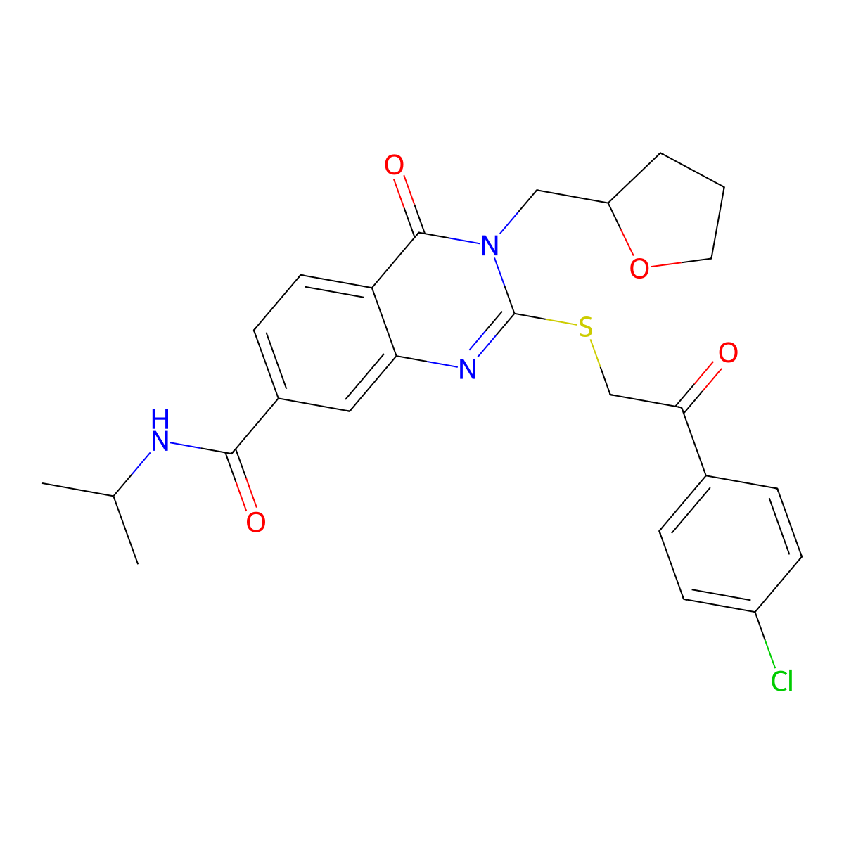 2-((2-(4-chlorophenyl)-2-oxoethyl)thio)-N-isopropyl-4-oxo-3-((tetrahydrofuran-2-yl)methyl)-3,4-dihydroquinazoline-7-carboxamide molecular structure, CAS 1021262-19-0