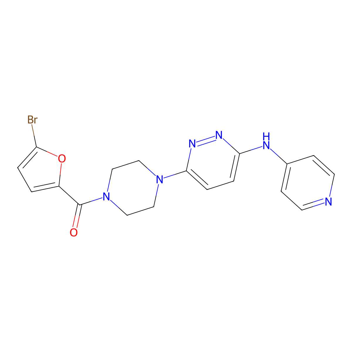 (5-Bromofuran-2-yl)(4-(6-(pyridin-4-ylamino)pyridazin-3-yl)piperazin-1-yl)methanone molecular structure, CAS 1021262-25-8