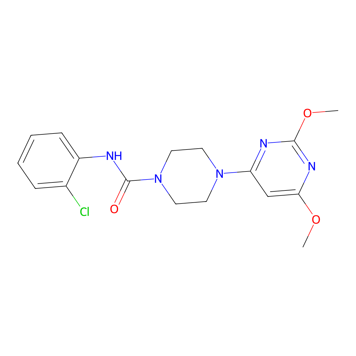 N-(2-chlorophenyl)-4-(2,6-dimethoxypyrimidin-4-yl)piperazine-1-carboxamide molecular structure, CAS 1021262-58-7