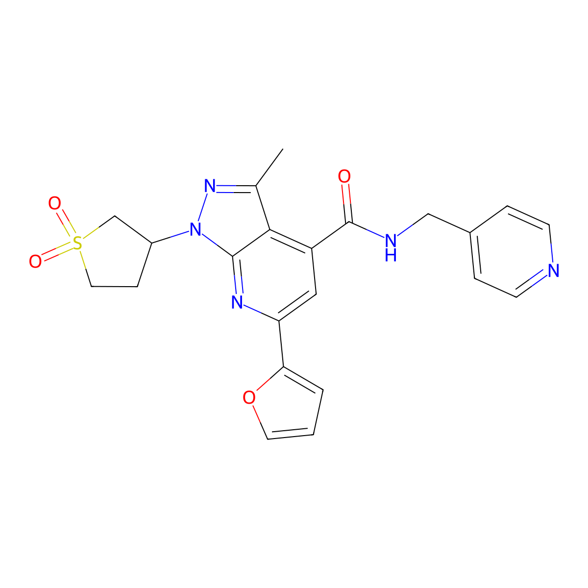 1-(1,1-dioxidotetrahydrothiophen-3-yl)-6-(furan-2-yl)-3-methyl-N-(pyridin-4-ylmethyl)-1H-pyrazolo[3,4-b]pyridine-4-carboxamide molecular structure, CAS 1021262-92-9
