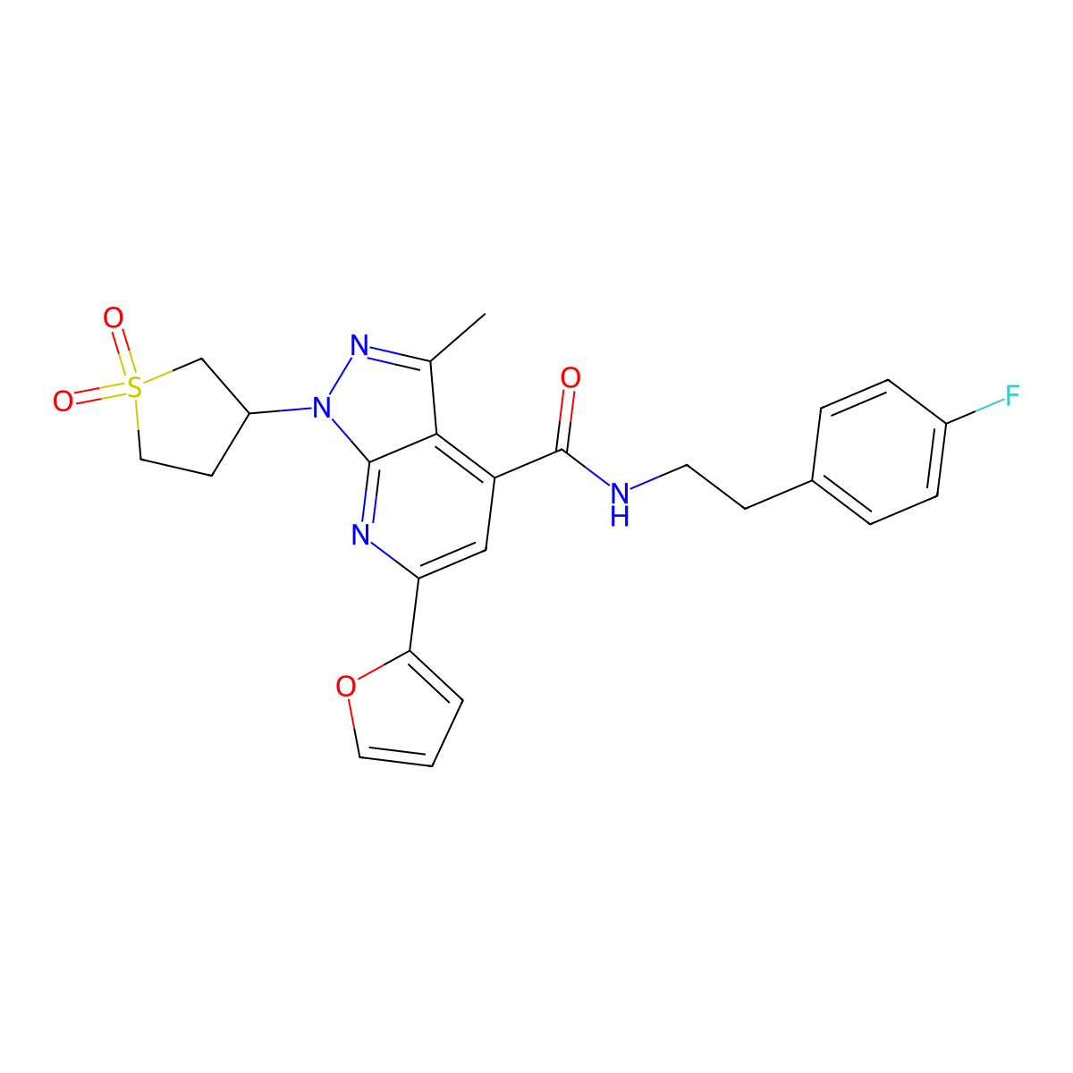 1-(1,1-dioxidotetrahydrothiophen-3-yl)-N-(4-fluorophenethyl)-6-(furan-2-yl)-3-methyl-1H-pyrazolo[3,4-b]pyridine-4-carboxamide molecular structure, CAS 1021262-94-1