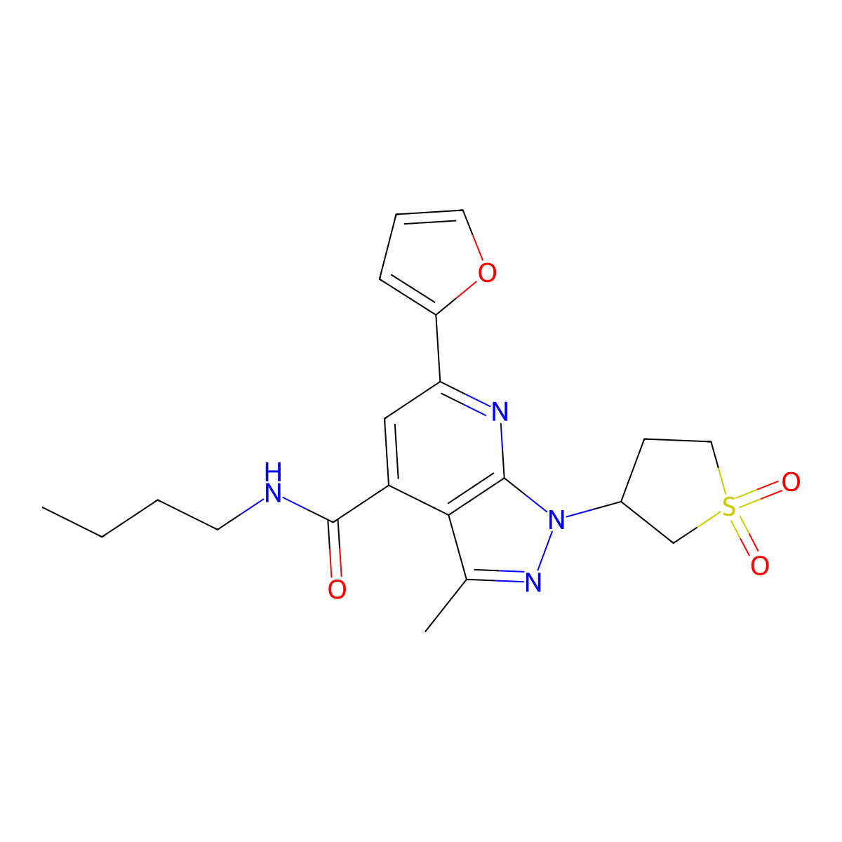 N-butyl-1-(1,1-dioxidotetrahydrothiophen-3-yl)-6-(furan-2-yl)-3-methyl-1H-pyrazolo[3,4-b]pyridine-4-carboxamide molecular structure, CAS 1021262-96-3