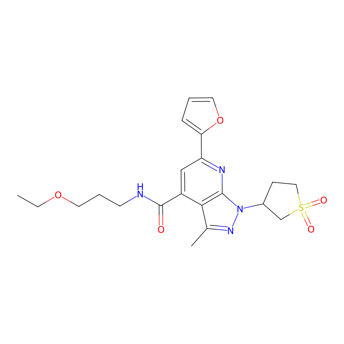 1-(1,1-dioxidotetrahydrothiophen-3-yl)-N-(3-ethoxypropyl)-6-(furan-2-yl)-3-methyl-1H-pyrazolo[3,4-b]pyridine-4-carboxamide molecular structure, CAS 1021263-00-2