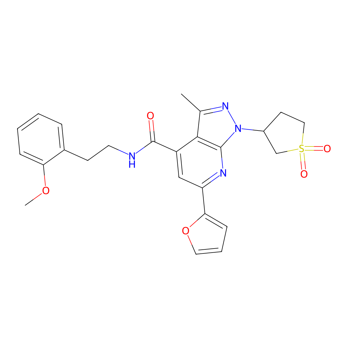 1-(1,1-dioxidotetrahydrothiophen-3-yl)-6-(furan-2-yl)-N-(2-methoxyphenethyl)-3-methyl-1H-pyrazolo[3,4-b]pyridine-4-carboxamide molecular structure, CAS 1021263-02-4