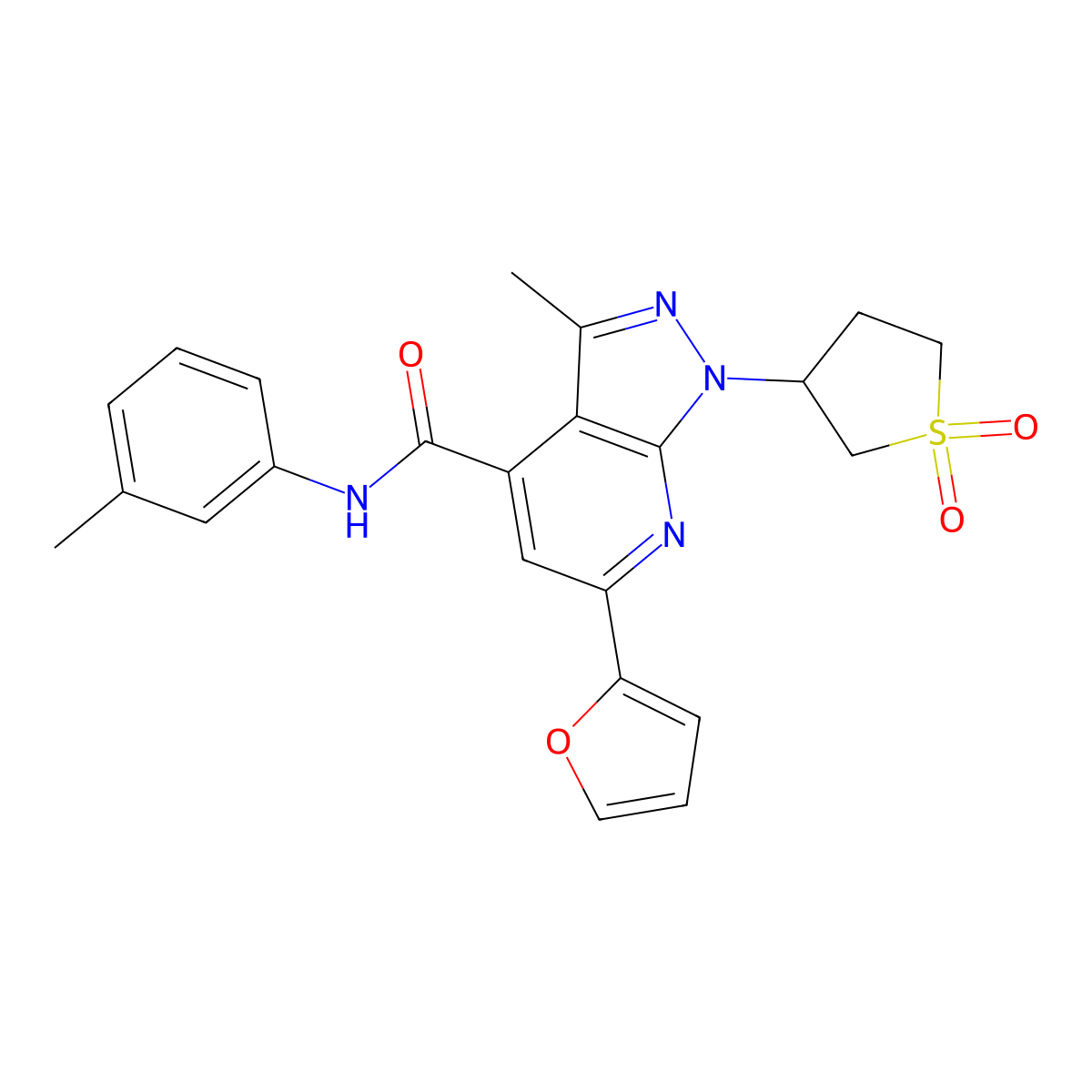 1-(1,1-dioxidotetrahydrothiophen-3-yl)-6-(furan-2-yl)-3-methyl-N-(m-tolyl)-1H-pyrazolo[3,4-b]pyridine-4-carboxamide molecular structure, CAS 1021263-04-6