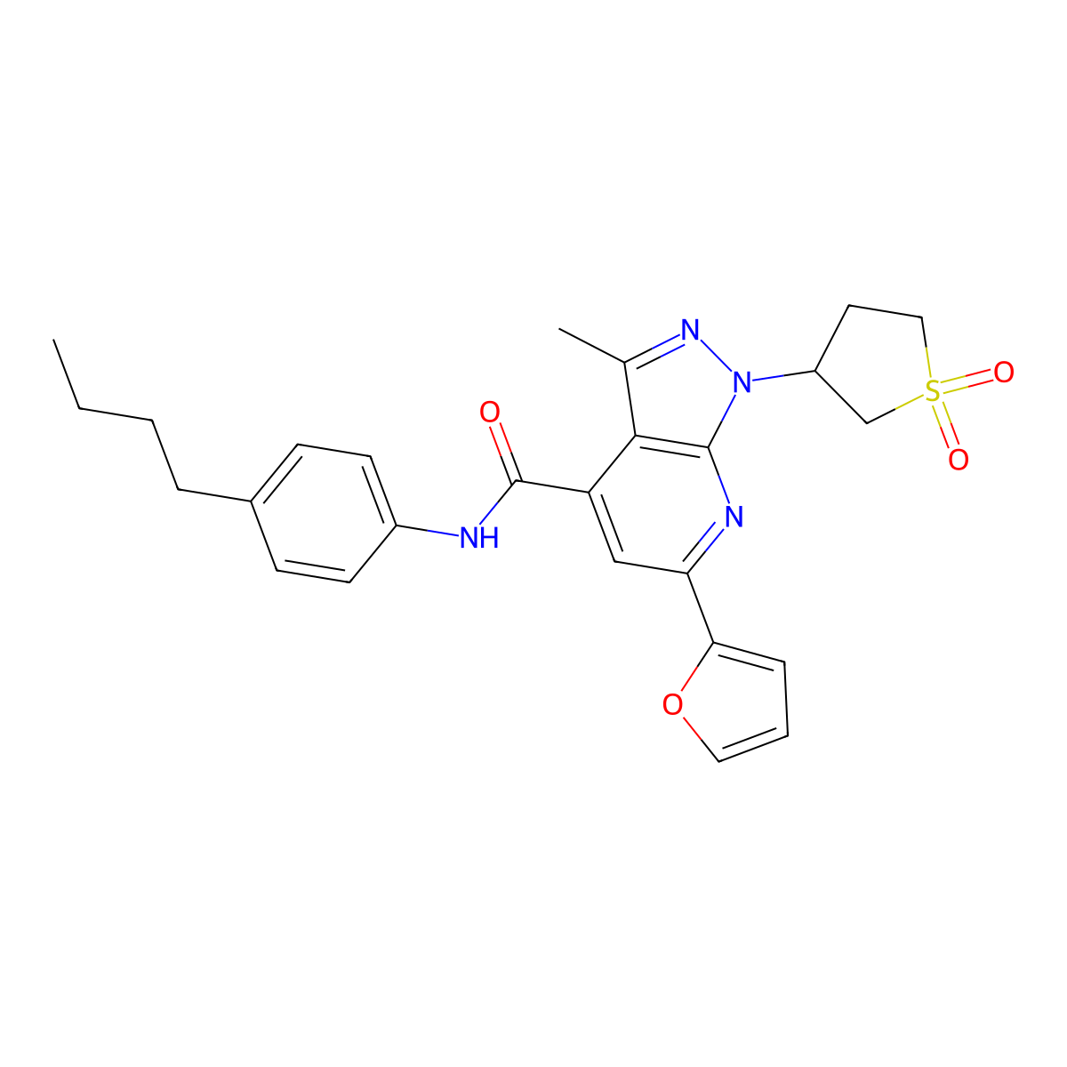 N-(4-butylphenyl)-1-(1,1-dioxidotetrahydrothiophen-3-yl)-6-(furan-2-yl)-3-methyl-1H-pyrazolo[3,4-b]pyridine-4-carboxamide molecular structure, CAS 1021263-06-8