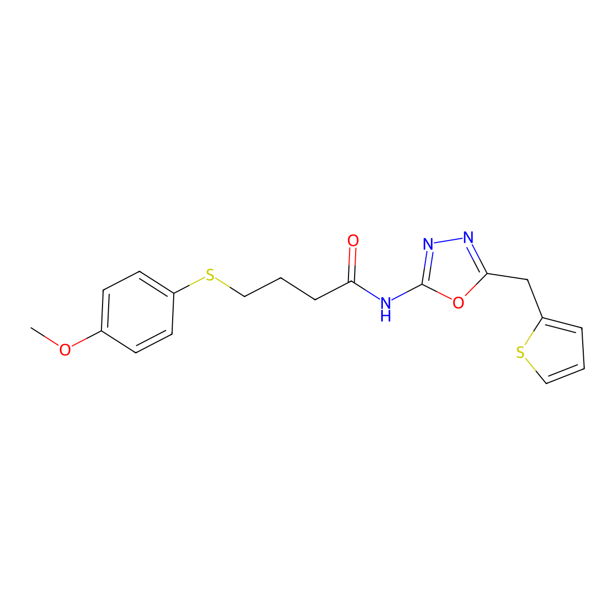 4-[(4-methoxyphenyl)sulfanyl]-N-{5-[(thiophen-2-yl)methyl]-1,3,4-oxadiazol-2-yl}butanamide molecular structure, CAS 1021263-08-0