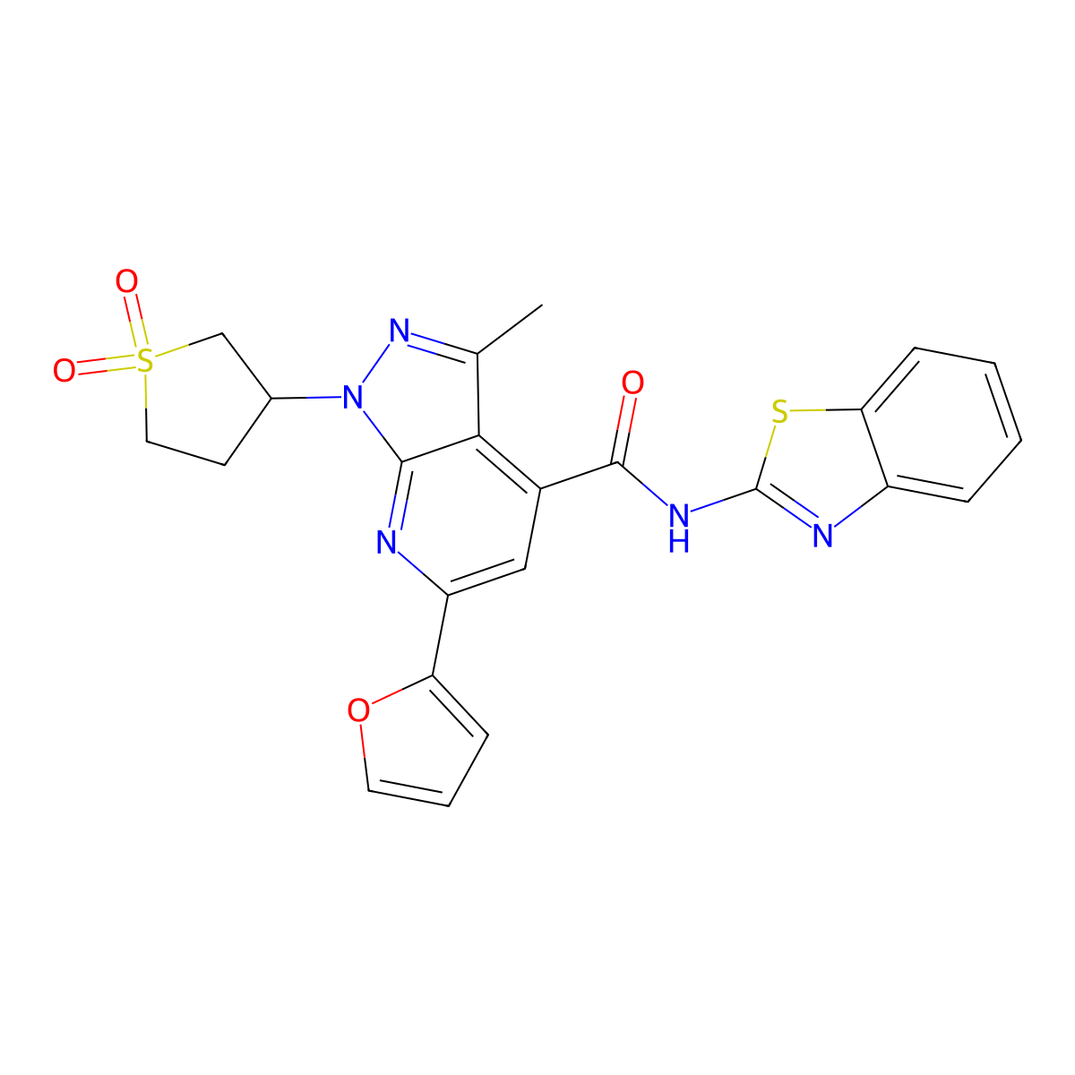 N-(benzo[d]thiazol-2-yl)-1-(1,1-dioxidotetrahydrothiophen-3-yl)-6-(furan-2-yl)-3-methyl-1H-pyrazolo[3,4-b]pyridine-4-carboxamide molecular structure, CAS 1021263-09-1