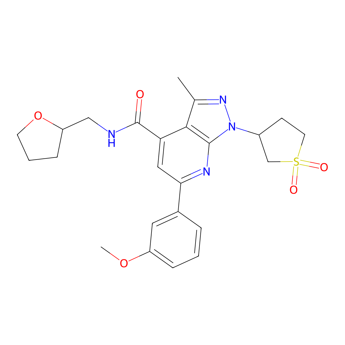 1-(1,1-dioxidotetrahydrothiophen-3-yl)-6-(3-methoxyphenyl)-3-methyl-N-((tetrahydrofuran-2-yl)methyl)-1H-pyrazolo[3,4-b]pyridine-4-carboxamide molecular structure, CAS 1021263-11-5