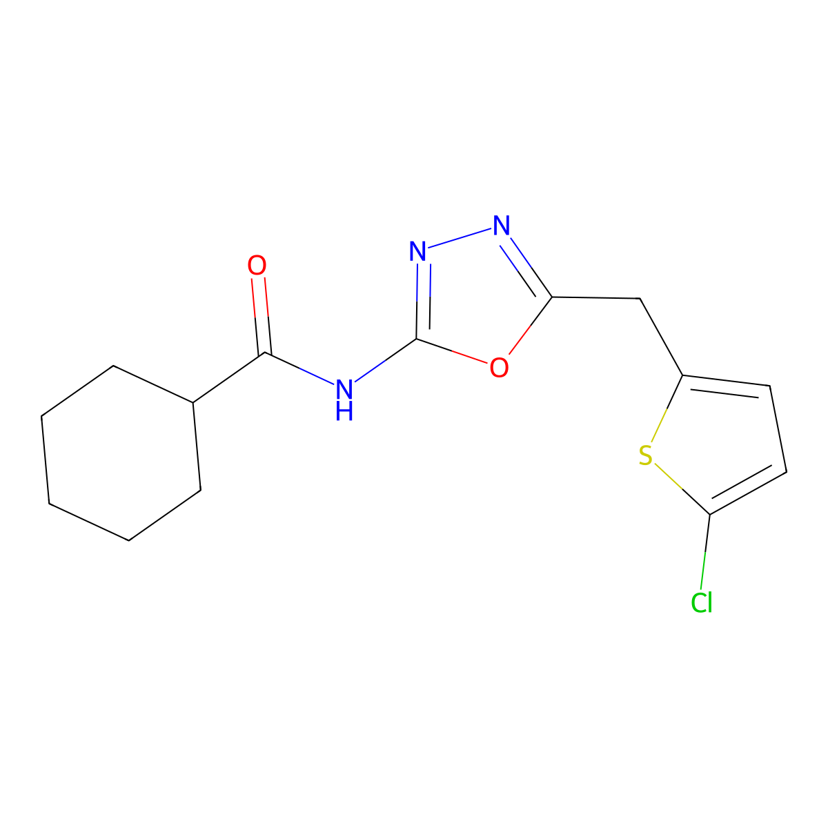 N-{5-[(5-chlorothiophen-2-yl)methyl]-1,3,4-oxadiazol-2-yl}cyclohexanecarboxamide molecular structure, CAS 1021263-30-8