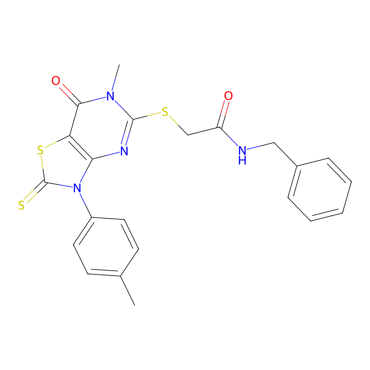 N-benzyl-2-((6-methyl-7-oxo-2-thioxo-3-(p-tolyl)-2,3,6,7-tetrahydrothiazolo[4,5-d]pyrimidin-5-yl)thio)acetamide molecular structure, CAS 1021263-50-2