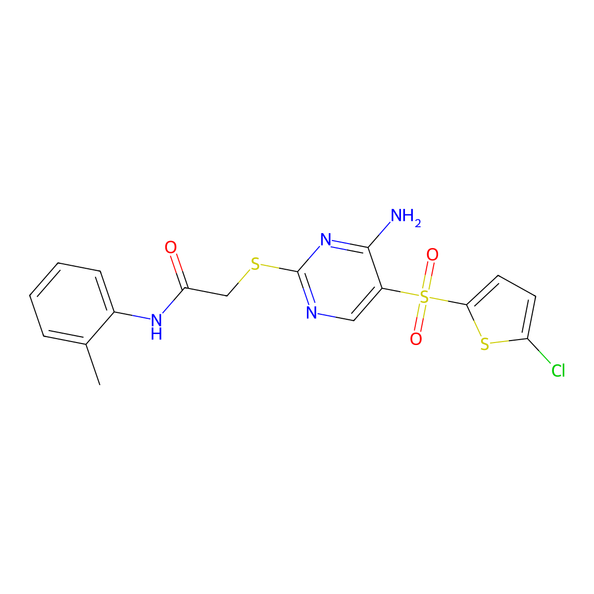 2-({4-amino-5-[(5-chlorothiophen-2-yl)sulfonyl]pyrimidin-2-yl}sulfanyl)-N-(2-methylphenyl)acetamide molecular structure, CAS 1021263-54-6