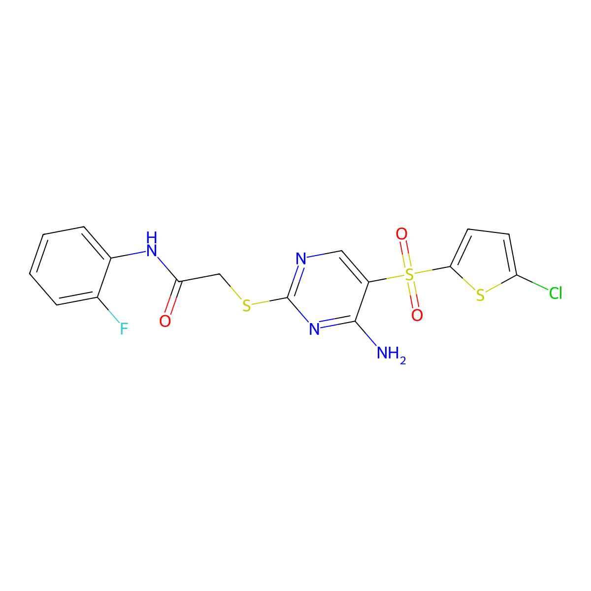 2-({4-amino-5-[(5-chlorothiophen-2-yl)sulfonyl]pyrimidin-2-yl}sulfanyl)-N-(2-fluorophenyl)acetamide molecular structure, CAS 1021263-56-8