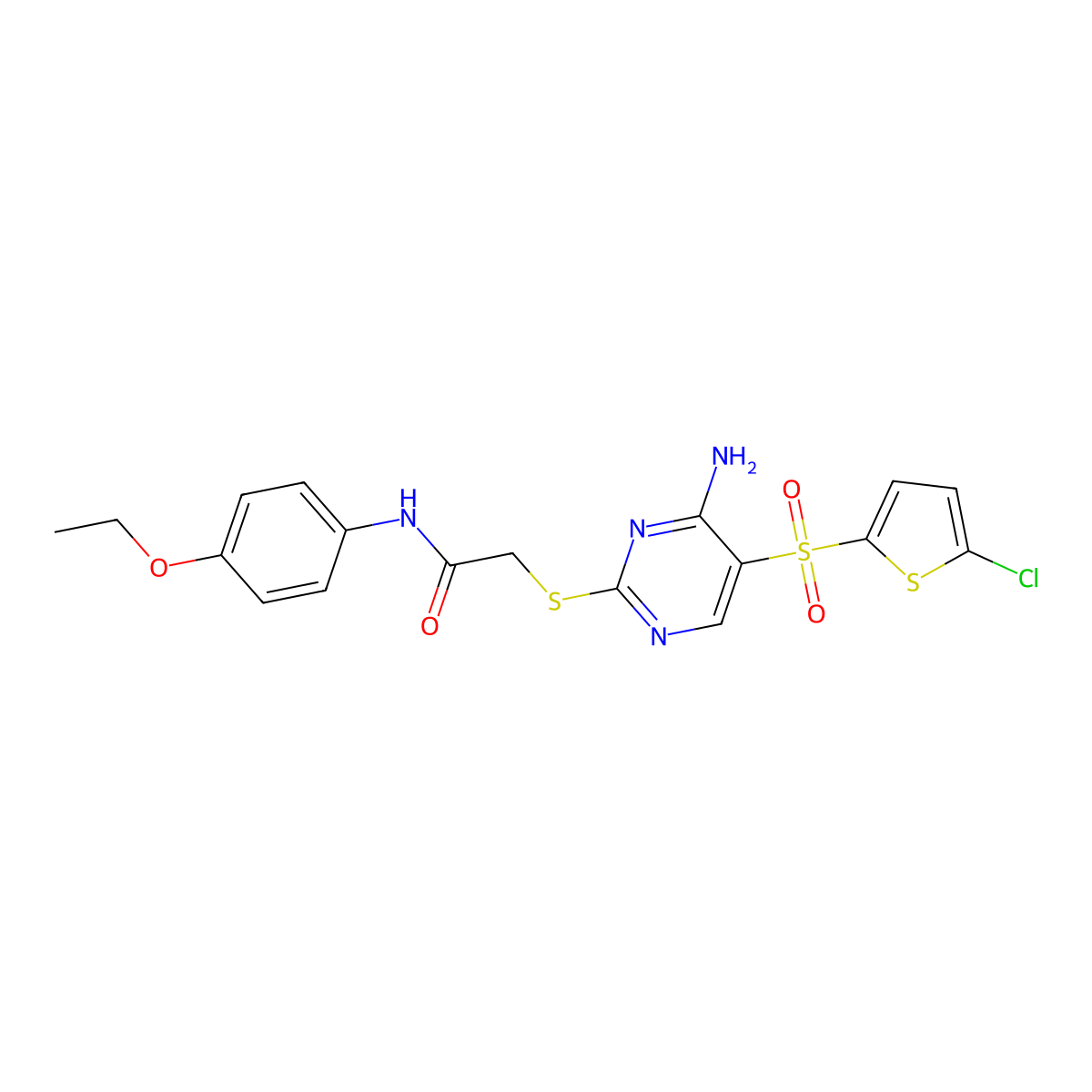 2-({4-amino-5-[(5-chlorothiophen-2-yl)sulfonyl]pyrimidin-2-yl}sulfanyl)-N-(4-ethoxyphenyl)acetamide molecular structure, CAS 1021263-60-4