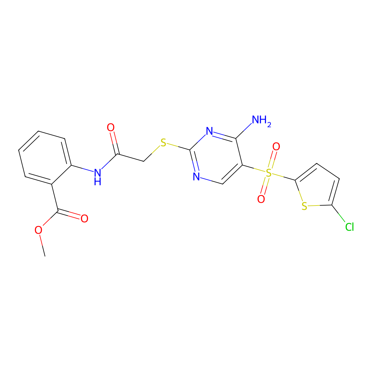 Methyl 2-[2-({4-amino-5-[(5-chlorothiophen-2-yl)sulfonyl]pyrimidin-2-yl}sulfanyl)acetamido]benzoate molecular structure, CAS 1021263-62-6