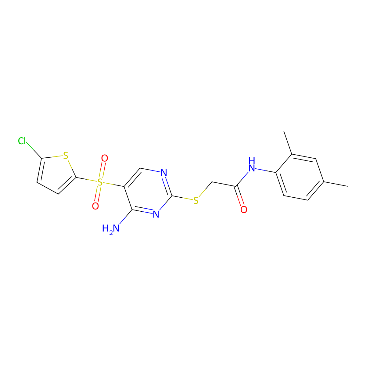 2-({4-amino-5-[(5-chlorothiophen-2-yl)sulfonyl]pyrimidin-2-yl}sulfanyl)-N-(2,4-dimethylphenyl)acetamide molecular structure, CAS 1021263-64-8
