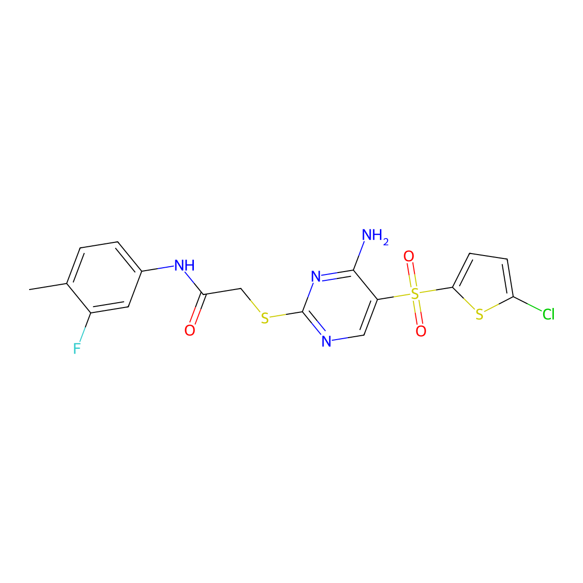 2-({4-amino-5-[(5-chlorothiophen-2-yl)sulfonyl]pyrimidin-2-yl}sulfanyl)-N-(3-fluoro-4-methylphenyl)acetamide molecular structure, CAS 1021263-68-2
