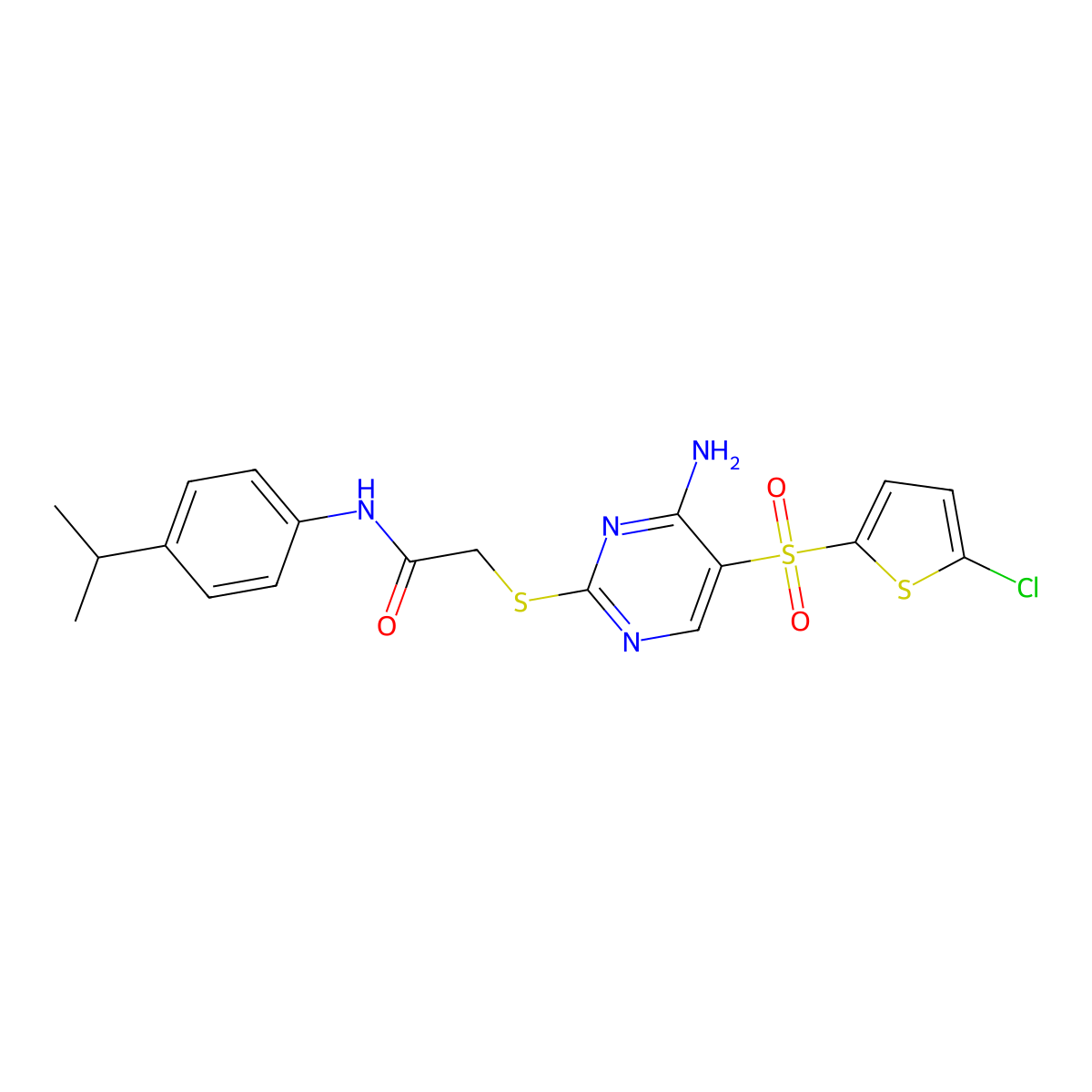 2-({4-amino-5-[(5-chlorothiophen-2-yl)sulfonyl]pyrimidin-2-yl}sulfanyl)-N-[4-(propan-2-yl)phenyl]acetamide molecular structure, CAS 1021263-70-6