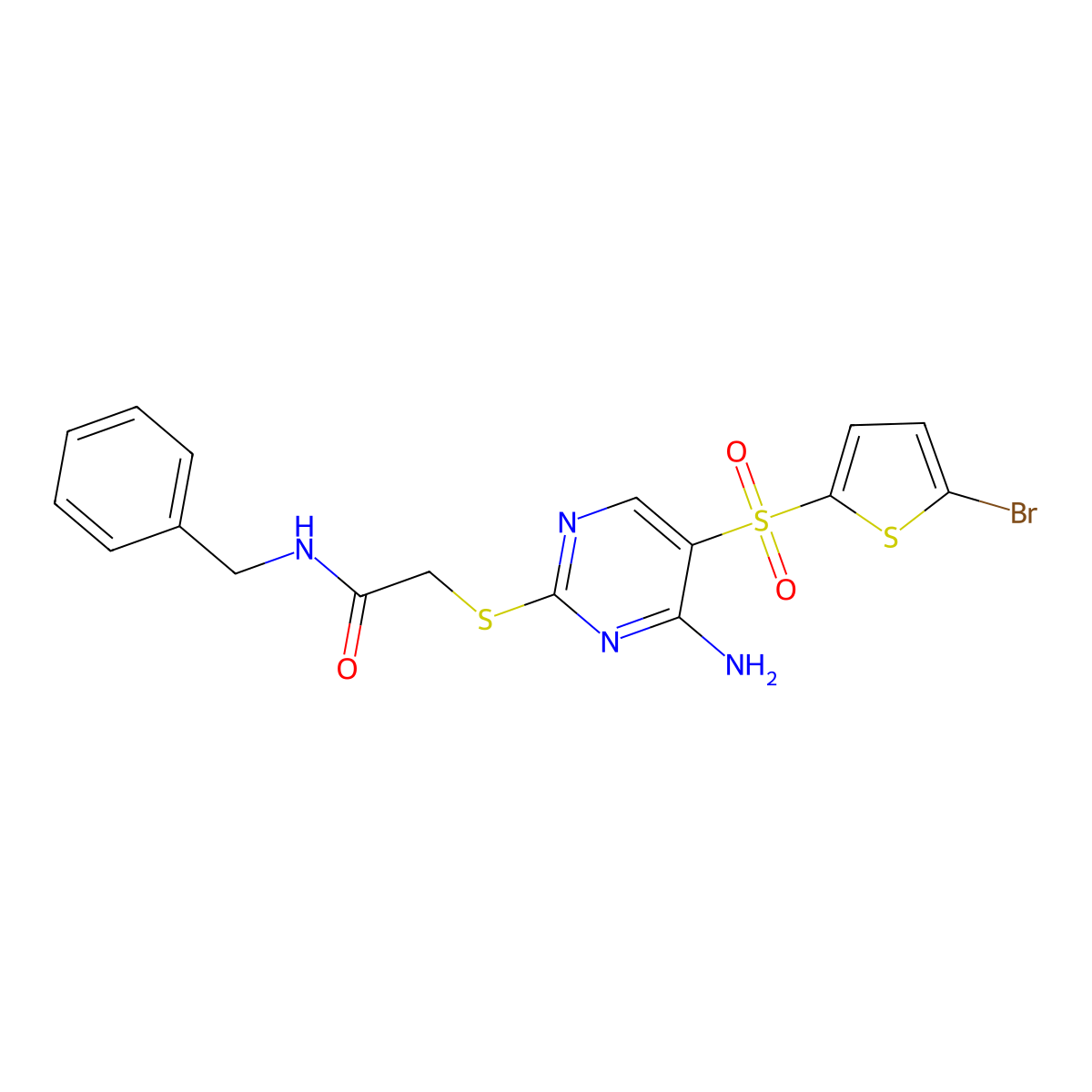 2-((4-amino-5-((5-bromothiophen-2-yl)sulfonyl)pyrimidin-2-yl)thio)-N-benzylacetamide molecular structure, CAS 1021263-72-8