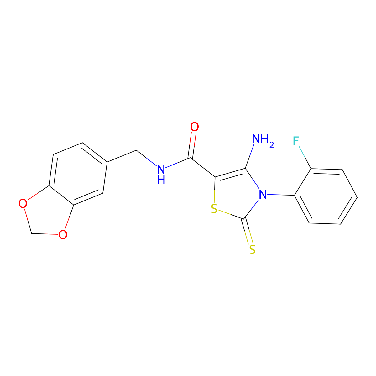 4-amino-N-[(2H-1,3-benzodioxol-5-yl)methyl]-3-(2-fluorophenyl)-2-sulfanylidene-2,3-dihydro-1,3-thiazole-5-carboxamide molecular structure, CAS 1021264-12-9