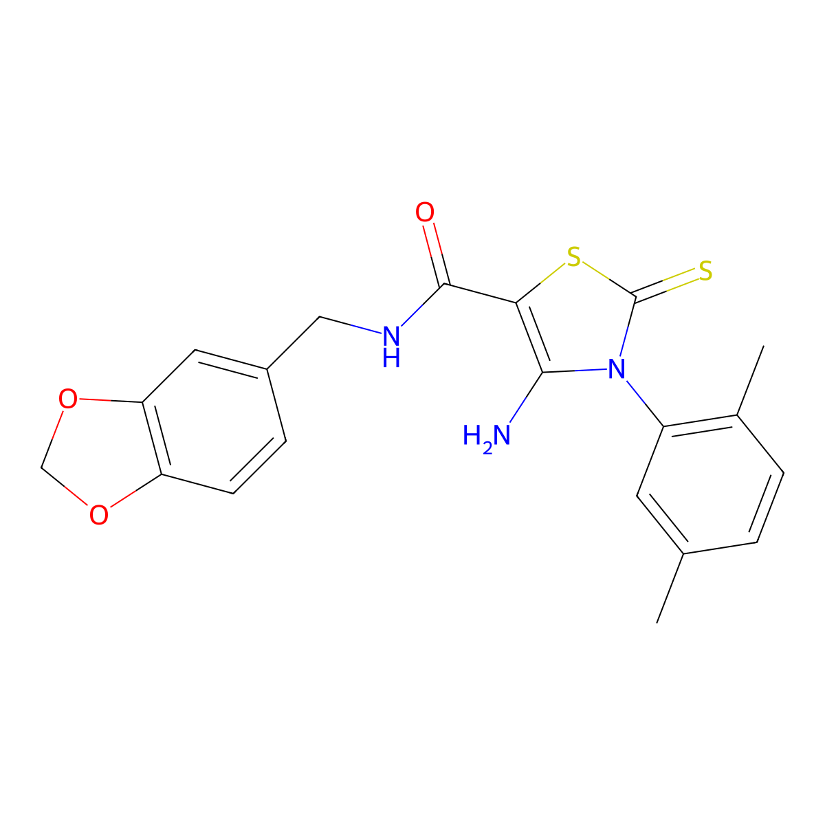 4-amino-N-[(2H-1,3-benzodioxol-5-yl)methyl]-3-(2,5-dimethylphenyl)-2-sulfanylidene-2,3-dihydro-1,3-thiazole-5-carboxamide molecular structure, CAS 1021264-17-4