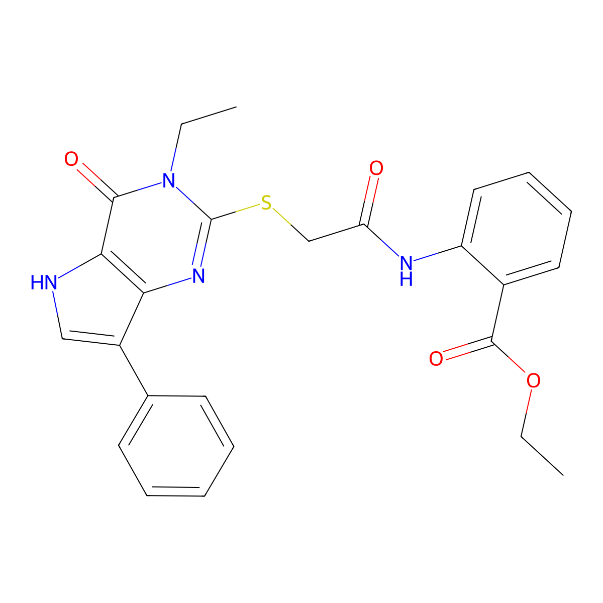 ethyl 2-({[(3-ethyl-4-oxo-7-phenyl-4,5-dihydro-3H-pyrrolo[3,2-d]pyrimidin-2-yl)sulfanyl]acetyl}amino)benzoate molecular structure, CAS 1021264-35-6