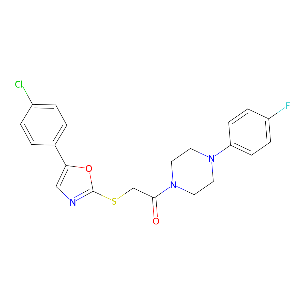 1-({[5-(4-Chlorophenyl)-1,3-oxazol-2-yl]thio}acetyl)-4-(4-fluorophenyl)piperazine molecular structure, CAS 1021264-54-9
