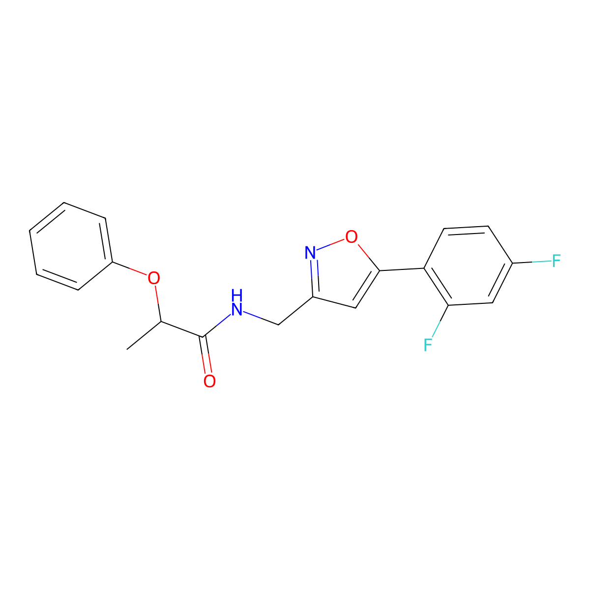 N-((5-(2,4-difluorophenyl)isoxazol-3-yl)methyl)-2-phenoxypropanamide molecular structure, CAS 1021264-78-7