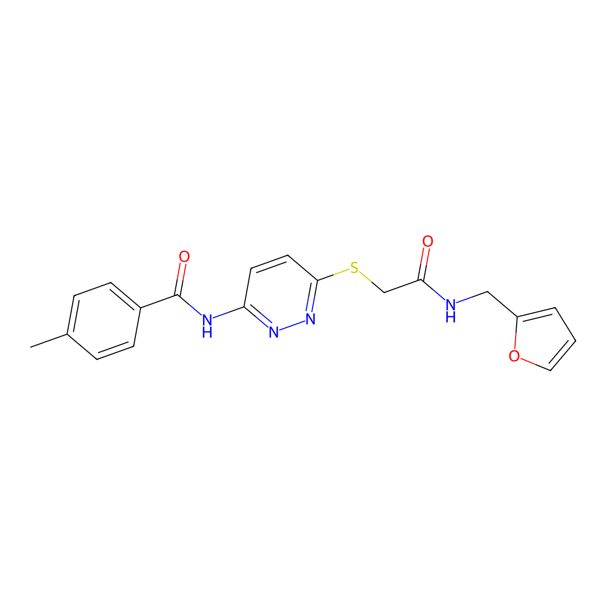 N-(6-((2-((furan-2-ylmethyl)amino)-2-oxoethyl)thio)pyridazin-3-yl)-4-methylbenzamide molecular structure, CAS 1021264-79-8