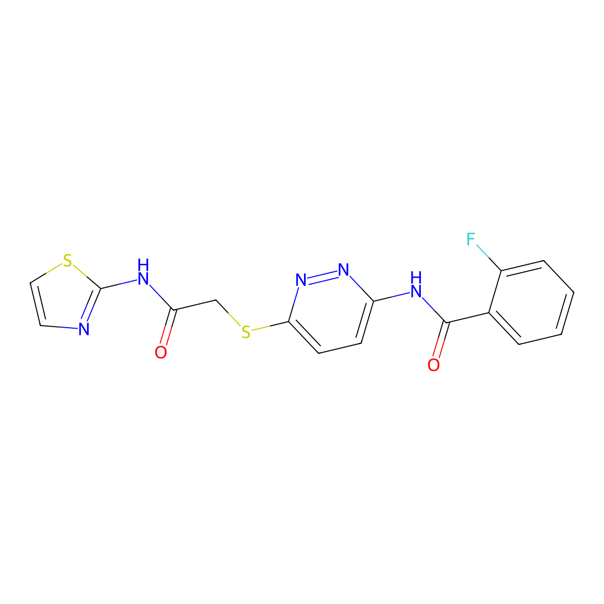 2-fluoro-N-(6-((2-oxo-2-(thiazol-2-ylamino)ethyl)thio)pyridazin-3-yl)benzamide molecular structure, CAS 1021265-21-3