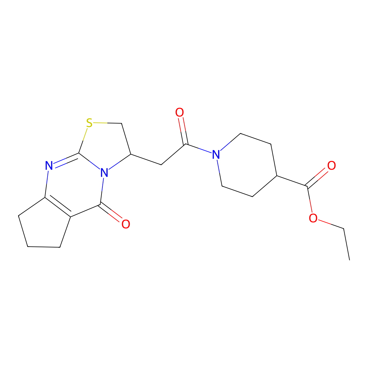 Ethyl 1-(2-(5-oxo-2,3,5,6,7,8-hexahydrocyclopenta[d]thiazolo[3,2-a]pyrimidin-3-yl)acetyl)piperidine-4-carboxylate molecular structure, CAS 1021265-23-5