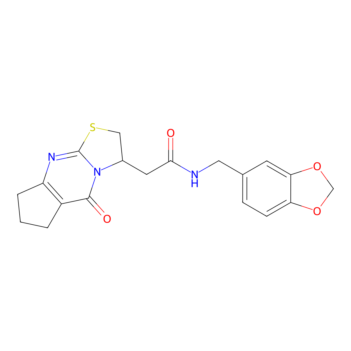 N-(benzo[d][1,3]dioxol-5-ylmethyl)-2-(5-oxo-2,3,5,6,7,8-hexahydrocyclopenta[d]thiazolo[3,2-a]pyrimidin-3-yl)acetamide molecular structure, CAS 1021265-31-5