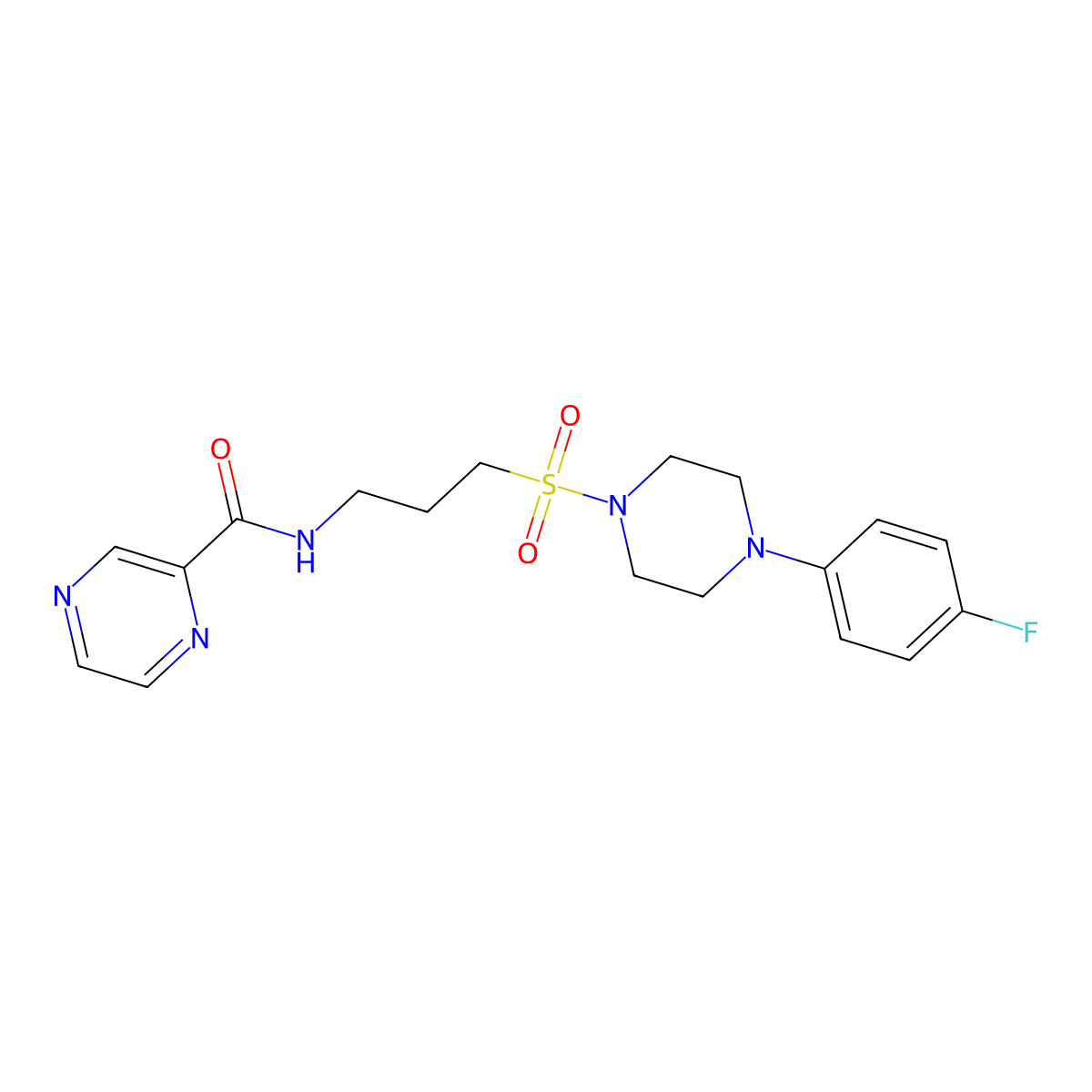 N-(3-((4-(4-fluorophenyl)piperazin-1-yl)sulfonyl)propyl)pyrazine-2-carboxamide molecular structure, CAS 1021265-44-0