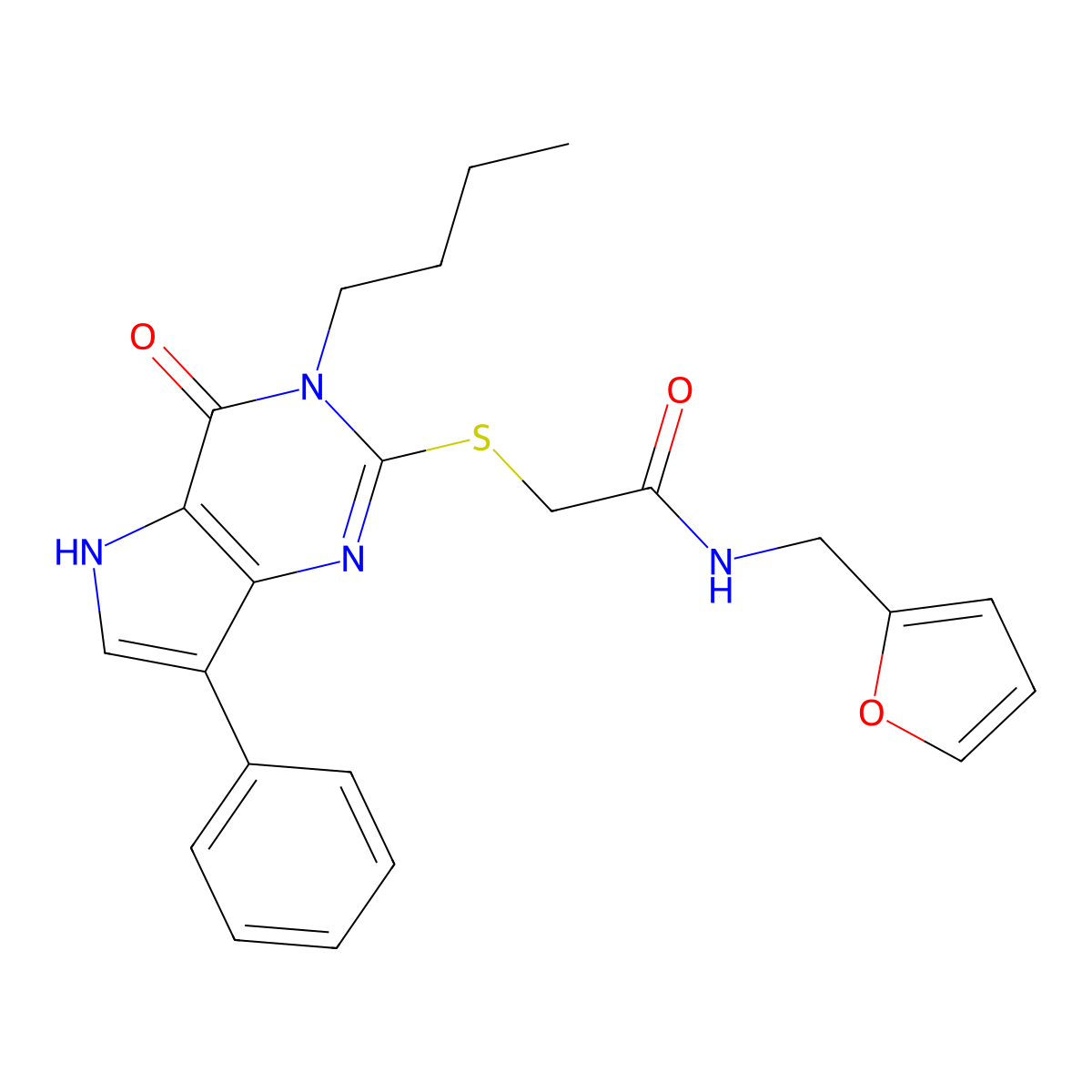 2-({3-butyl-4-oxo-7-phenyl-3H,4H,5H-pyrrolo[3,2-d]pyrimidin-2-yl}sulfanyl)-N-[(furan-2-yl)methyl]acetamide molecular structure, CAS 1021265-45-1