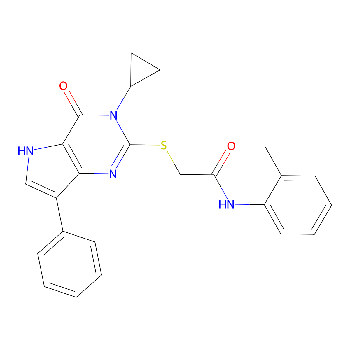 2-((3-cyclopropyl-4-oxo-7-phenyl-4,5-dihydro-3H-pyrrolo[3,2-d]pyrimidin-2-yl)thio)-N-(o-tolyl)acetamide molecular structure, CAS 1021265-48-4