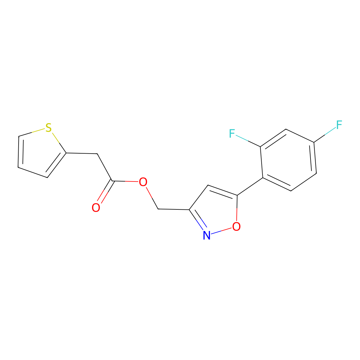 (5-(2,4-Difluorophenyl)isoxazol-3-yl)methyl 2-(thiophen-2-yl)acetate molecular structure, CAS 1021265-60-0