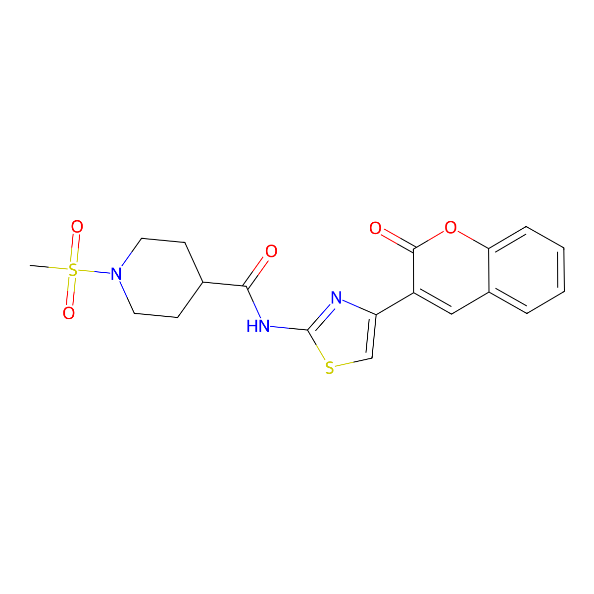 1-(methylsulfonyl)-N-(4-(2-oxo-2H-chromen-3-yl)thiazol-2-yl)piperidine-4-carboxamide molecular structure, CAS 1021265-69-9