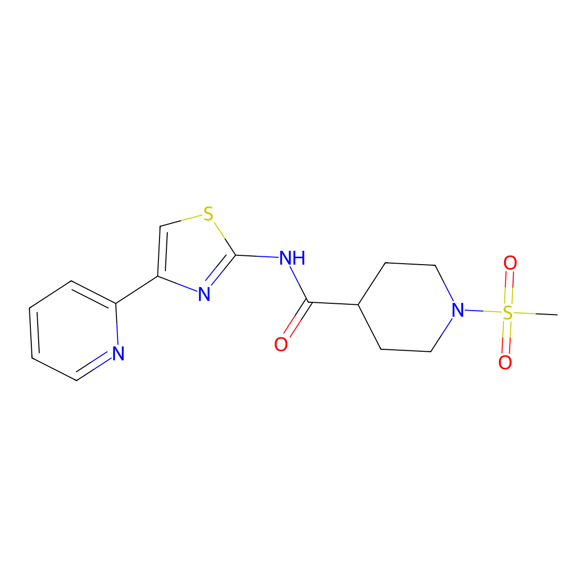 1-methanesulfonyl-N-[4-(pyridin-2-yl)-1,3-thiazol-2-yl]piperidine-4-carboxamide molecular structure, CAS 1021265-73-5
