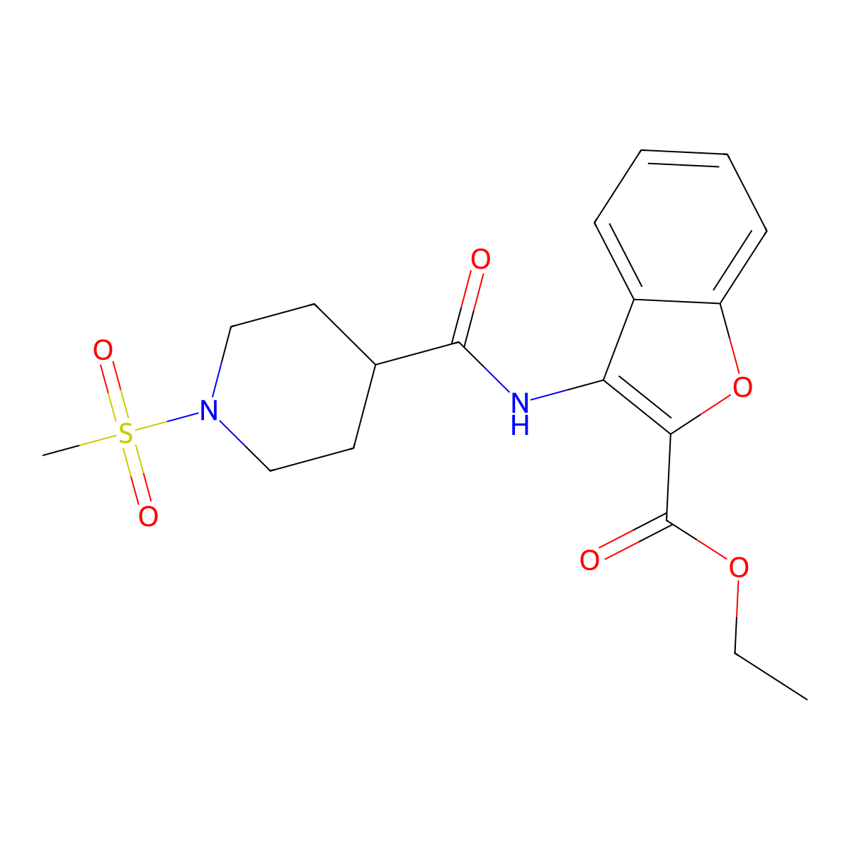 Ethyl 3-(1-methanesulfonylpiperidine-4-amido)-1-benzofuran-2-carboxylate molecular structure, CAS 1021265-77-9