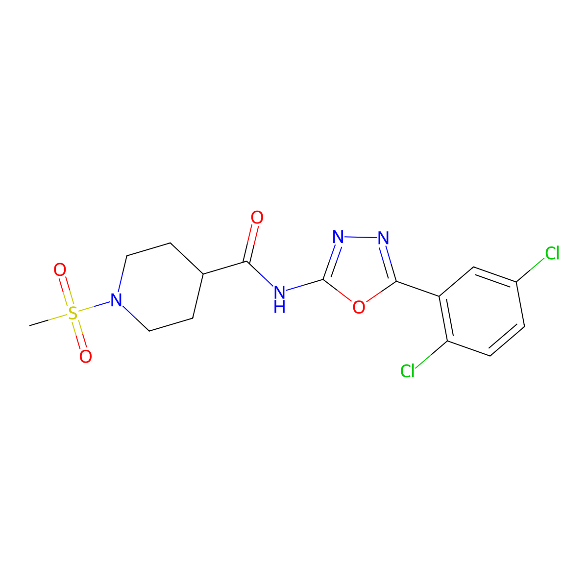 N-[5-(2,5-dichlorophenyl)-1,3,4-oxadiazol-2-yl]-1-methanesulfonylpiperidine-4-carboxamide molecular structure, CAS 1021265-81-5