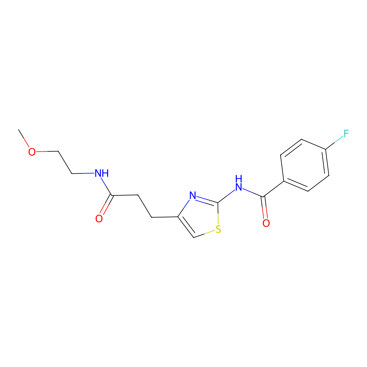 4-fluoro-N-(4-(3-((2-methoxyethyl)amino)-3-oxopropyl)thiazol-2-yl)benzamide molecular structure, CAS 1021265-82-6